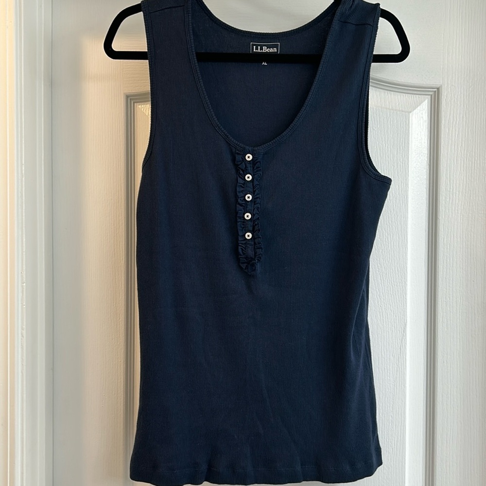 LL Bean Navy Tank Top with Ruffle and Button Accents NWOT
